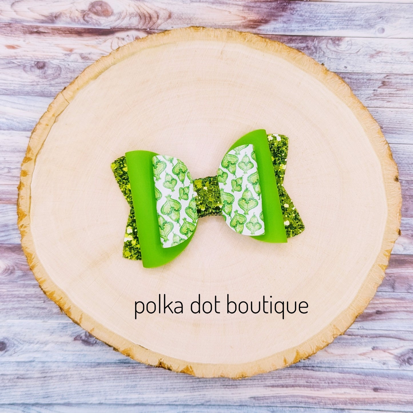 Grinch Glitter Faux Leather Bow