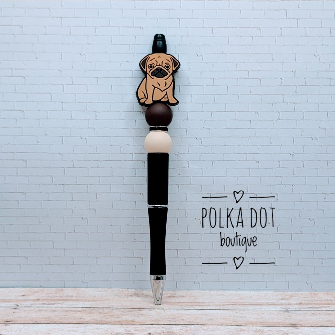 Dog : Brown Pug Silicone Beaded Pen