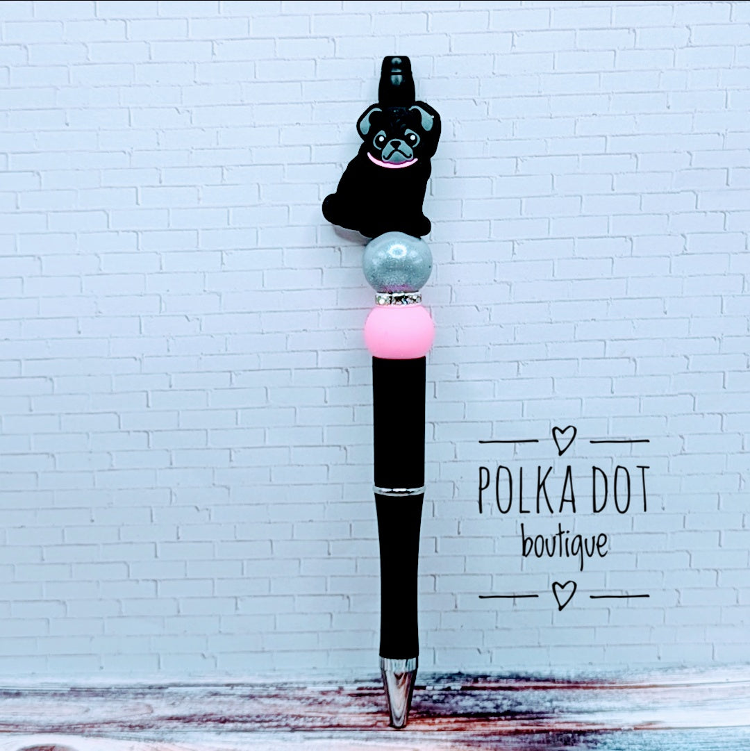 Dog : Black Pug Silicone Beaded Pen