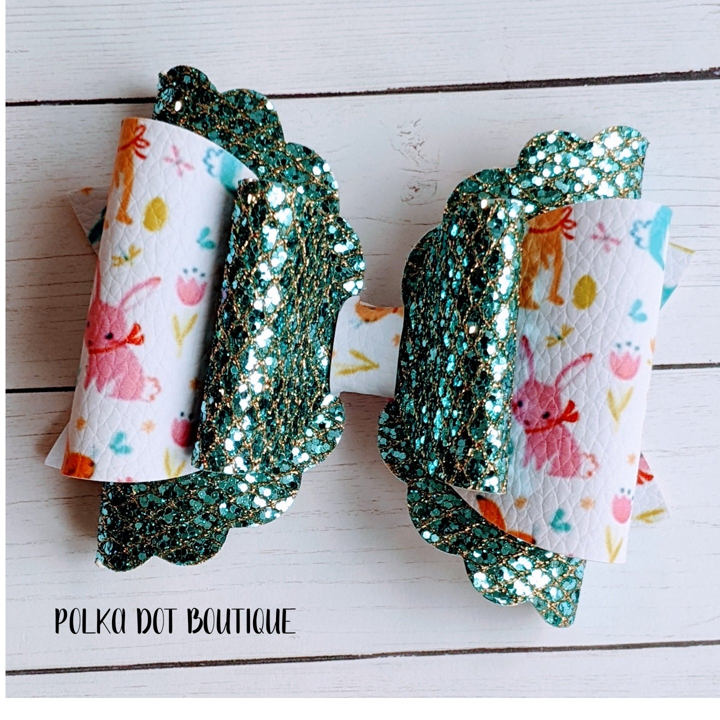 Teal Glitter Bunnies Faux Leather Bow
