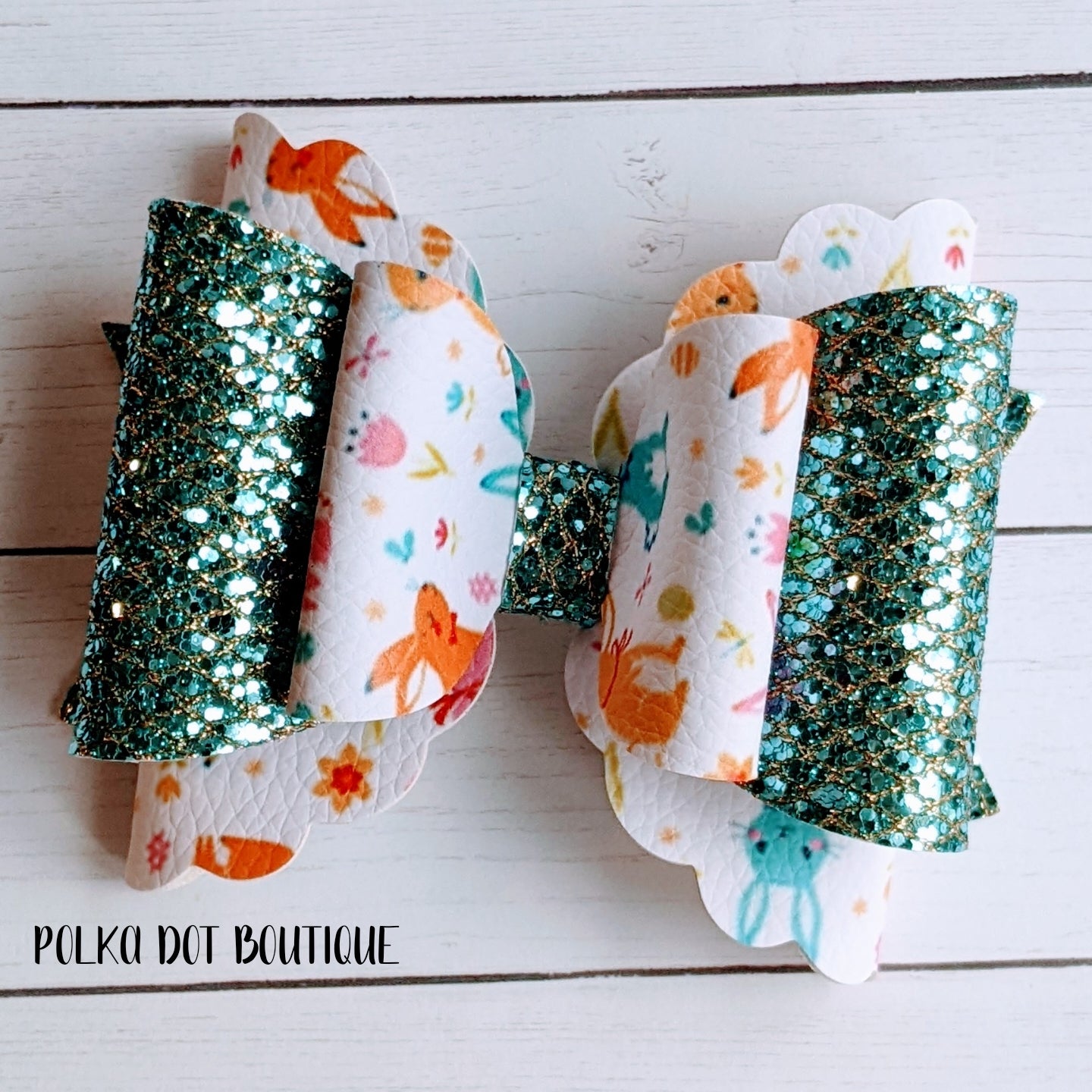 Teal Glitter Bunnies 2 Faux Leather Bow