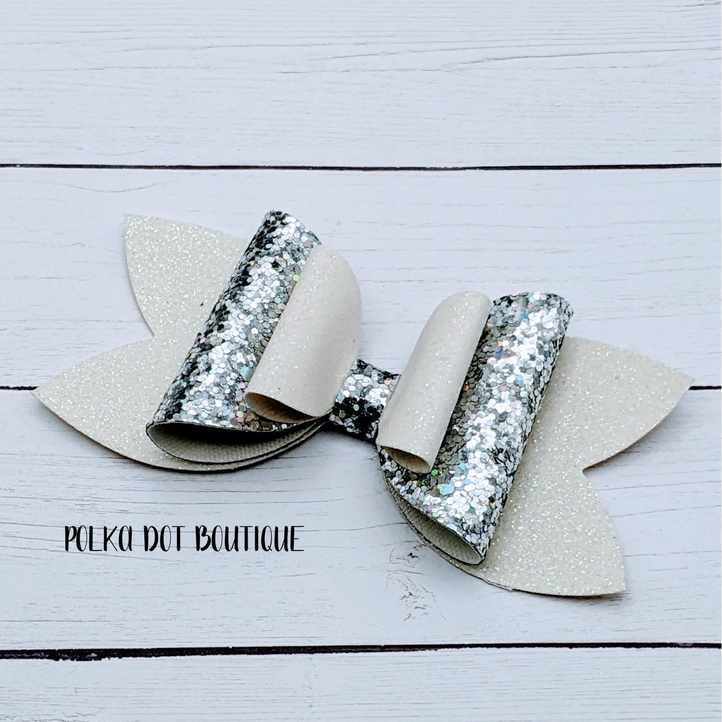 White and Silver Glitter Faux Leather Bow