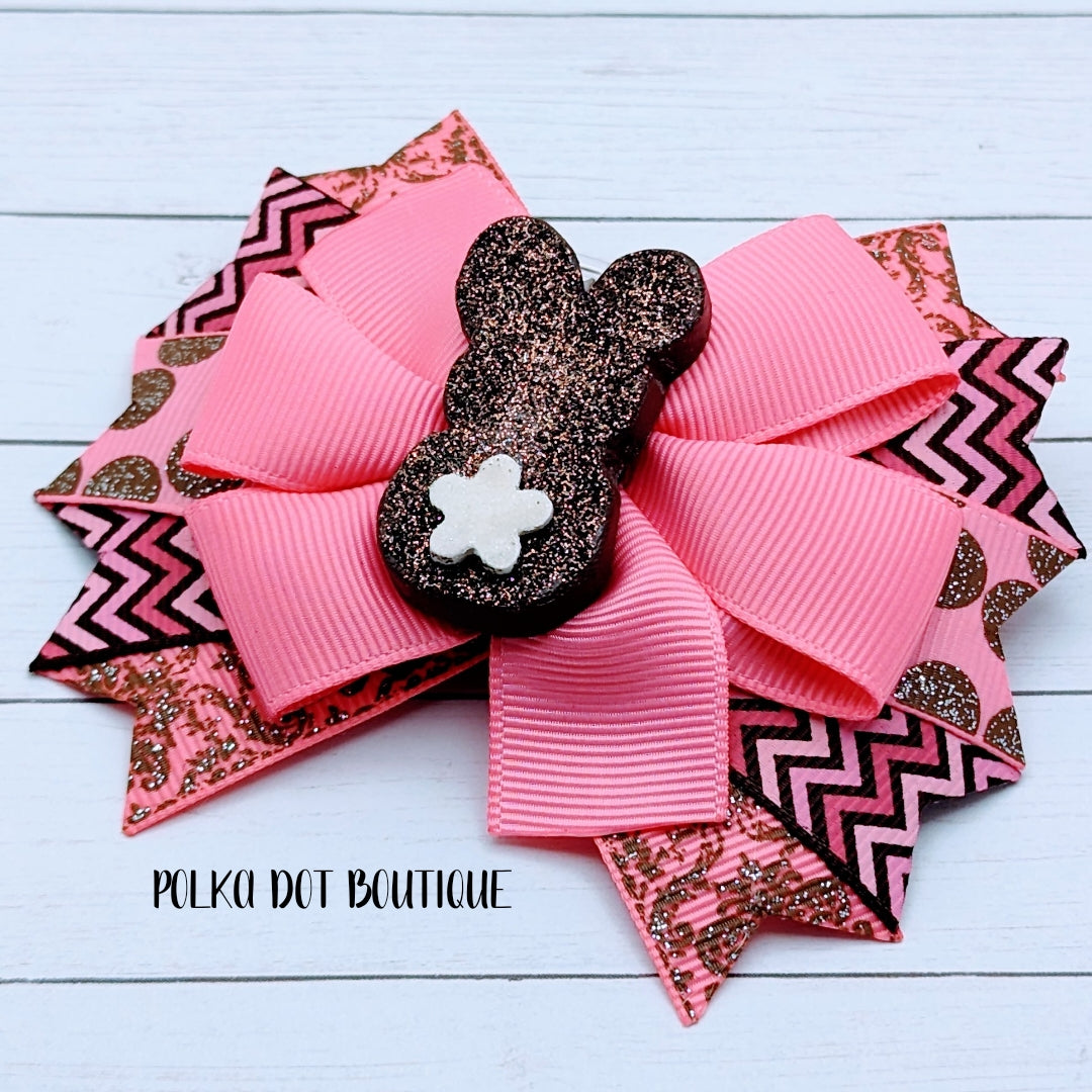 Chocolate Glitter Clay Bunny 2 Pinwheel Bow