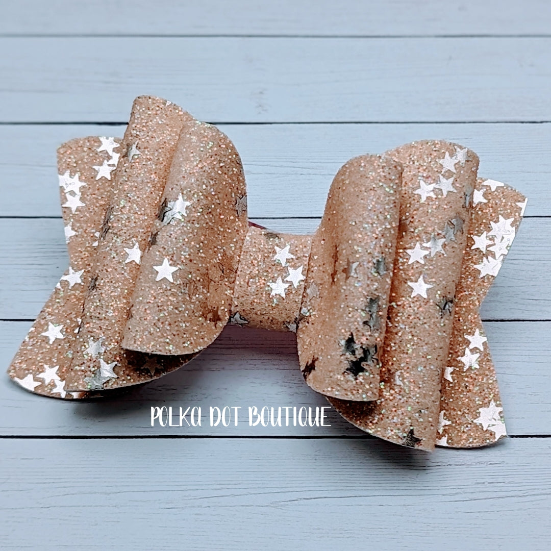 Cream Glitter Star Faux Leather Bow