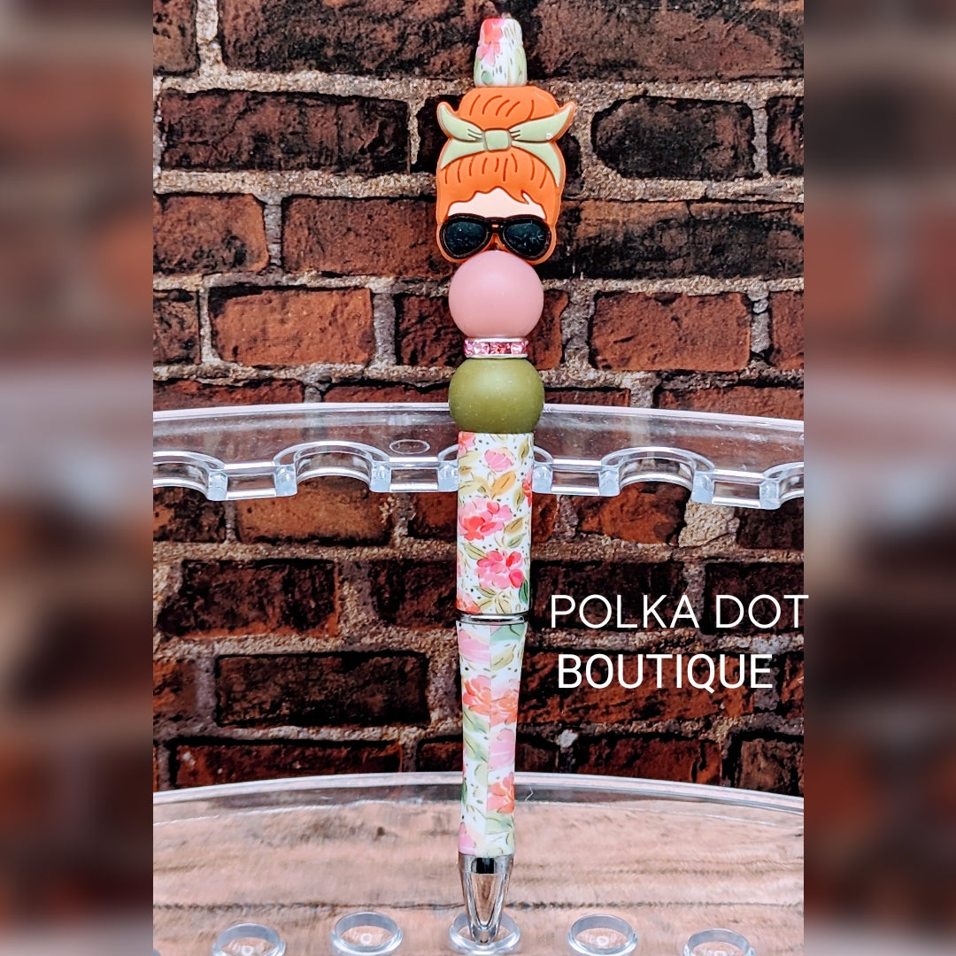 Mom Bun : Brown Hair Silicone Beaded Pen