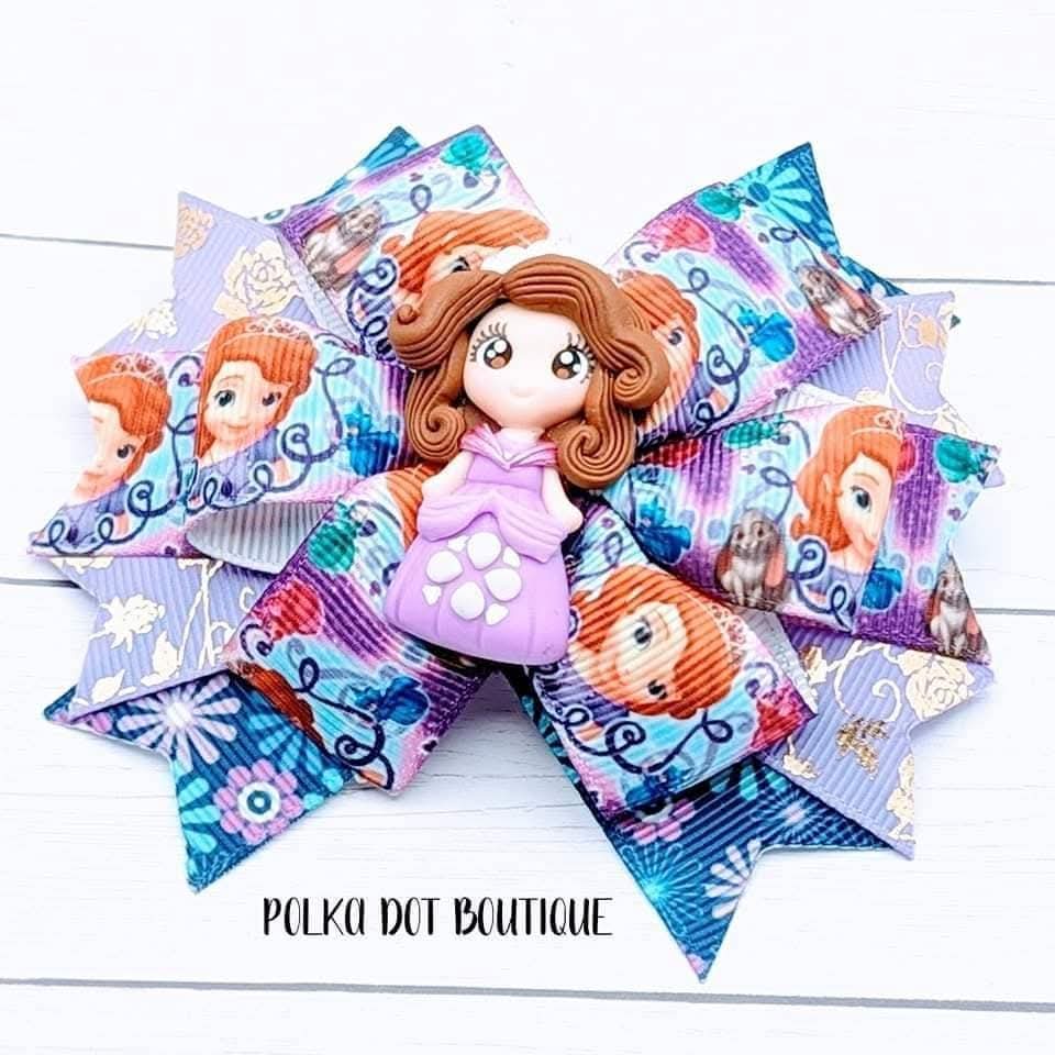 Sofia the first Clay Center Pinwheel Bow