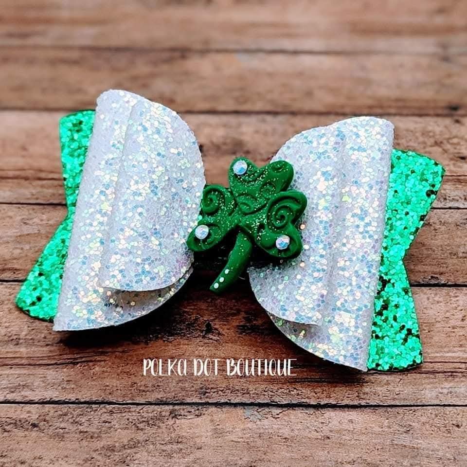 ST Paddy Clover Glitter Faux Leather Bow