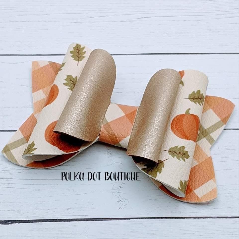 Fall Pumpkin Paid Faux Leather Bow