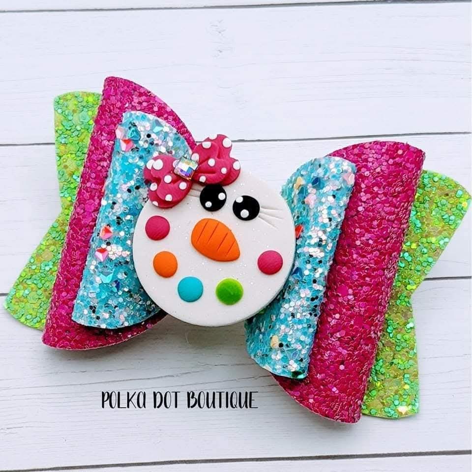 Snowman Glitter Faux Leather Bow