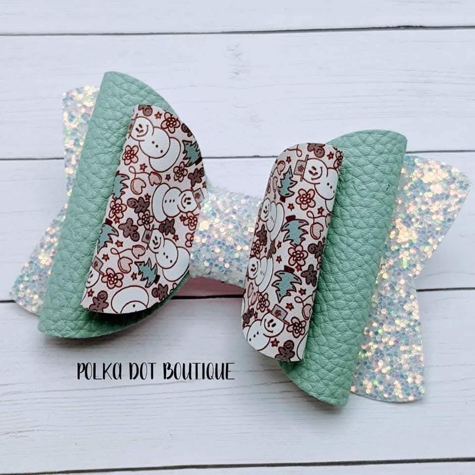 Snowman white Glitter Faux Leather Bow