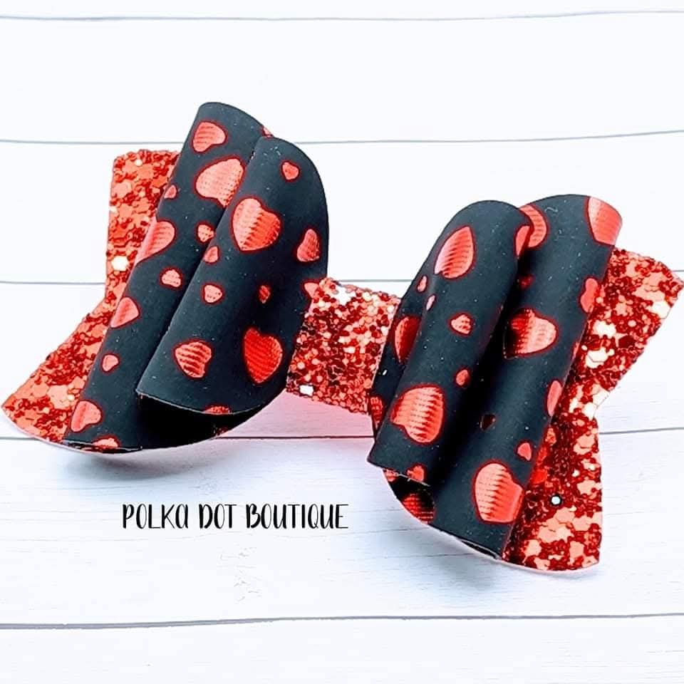 Black Red Heart Glitter Faux Leather Bow