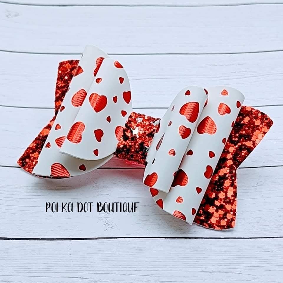 White Red Heart Glitter Faux Leather Bow