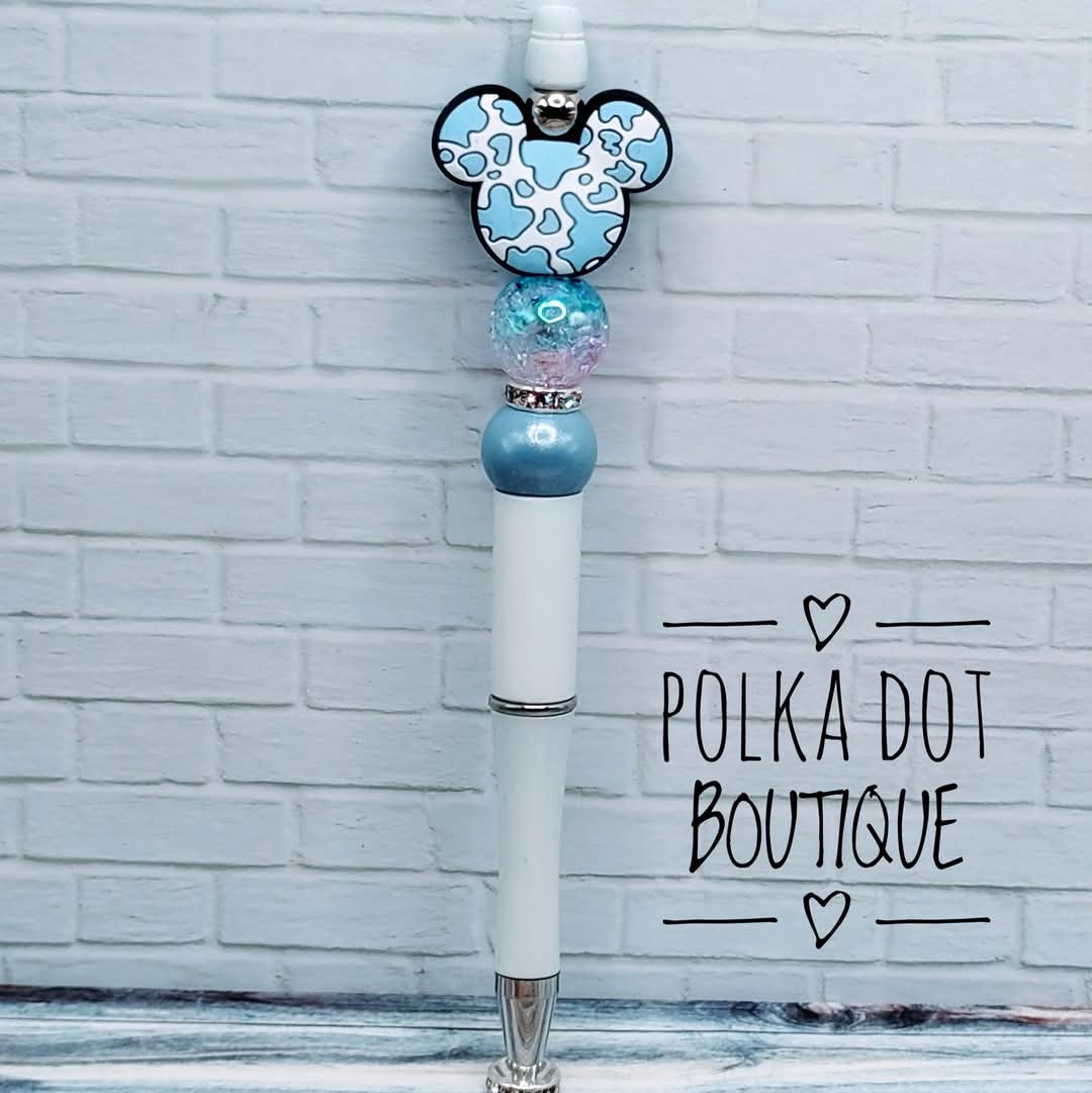 Mickey Cow Print Blue Silicone Beaded Pen