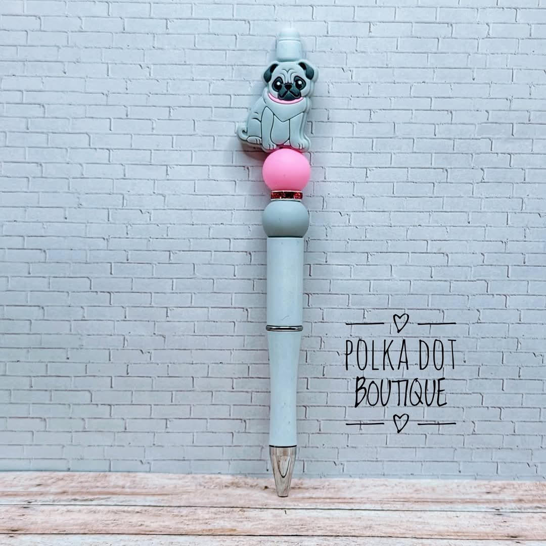 Dog : Grey Pug Silicone Beaded Pen