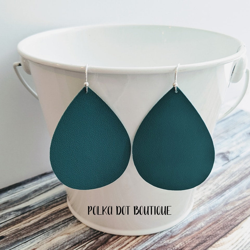 GREENISH BLUE FAUX LEATHER TEARDROP EARRINGS ( STANDARD : 2 INCHES )