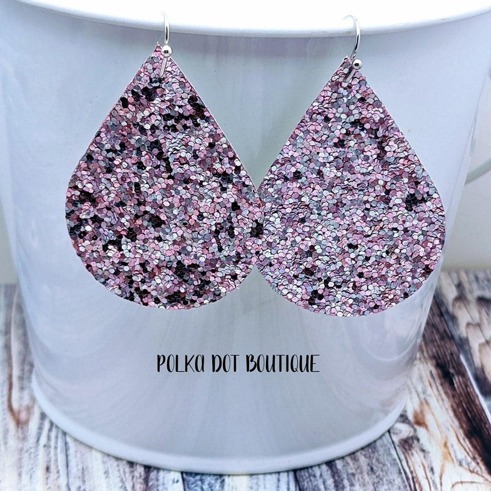 PINK GLITTER FAUX LEATHER TEARDROP EARRINGS ( STANDARD : 2 INCHES )