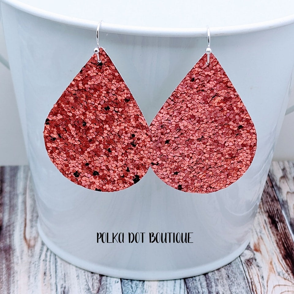 ROSE GLITTER FAUX LEATHER TEARDROP EARRINGS ( STANDARD : 2 INCHES )