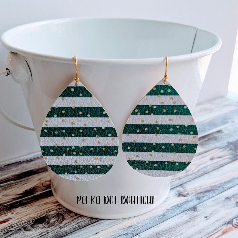 GREEN/WHITE STRIPES WITH GOLD DOTS FAUX LEATHER TEARDROP EARRINGS ( STANDARD : 2 INCHES )