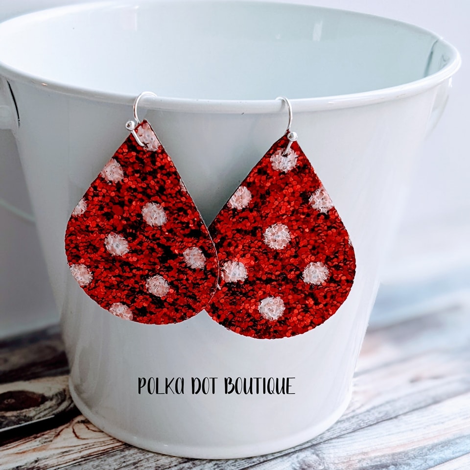 RED GLITTER WITH WHITE DOTS FAUX LEATHER TEARDROP EARRINGS ( STANDARD : 2 INCHES )