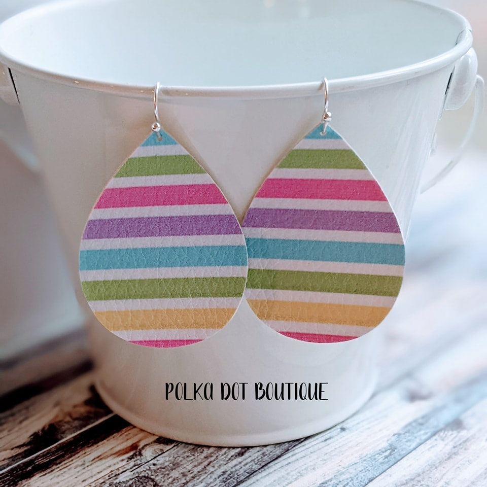 PASTEL STRIPES FAUX LEATHER TEARDROP EARRINGS ( STANDARD : 2 INCHES )