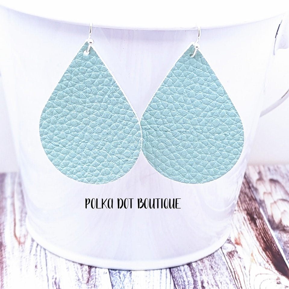 MINT FAUX LEATHER TEARDROP EARRINGS ( STANDARD : 2 INCHES )
