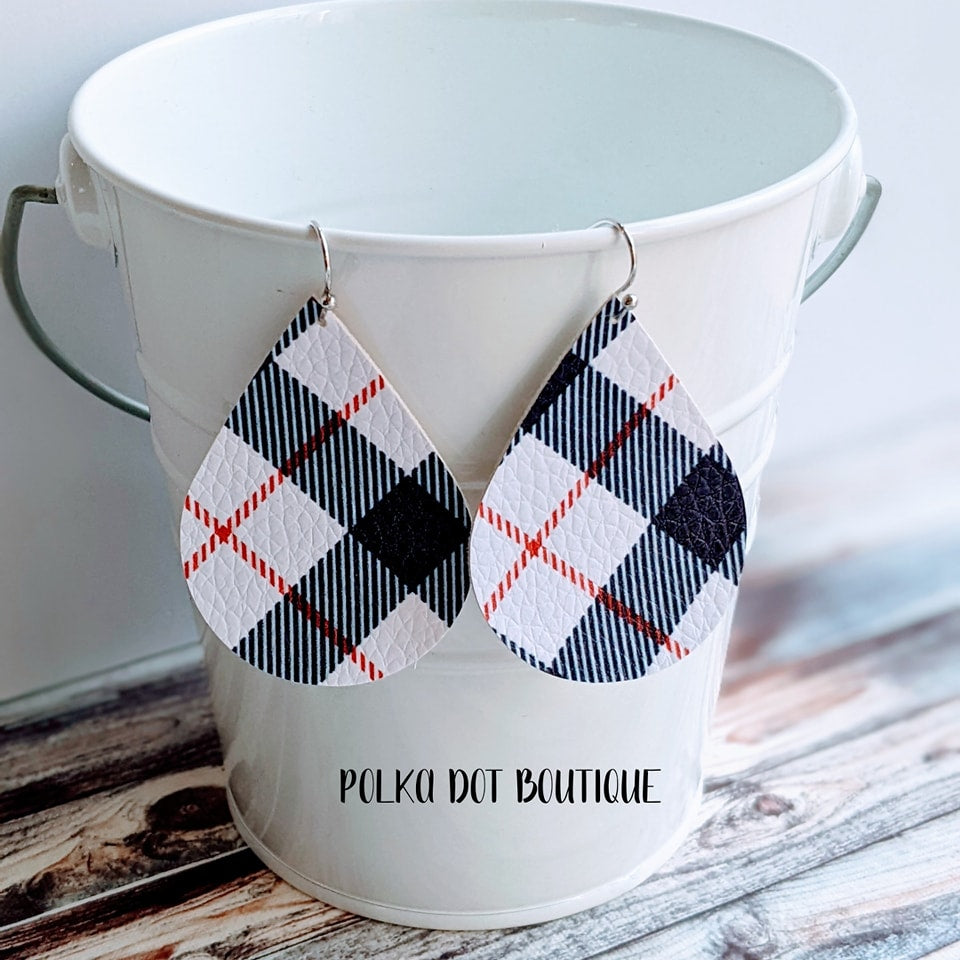 RED, WHITE & BLUE PLAID FAUX LEATHER TEARDROP EARRINGS ( STANDARD : 2 INCHES )