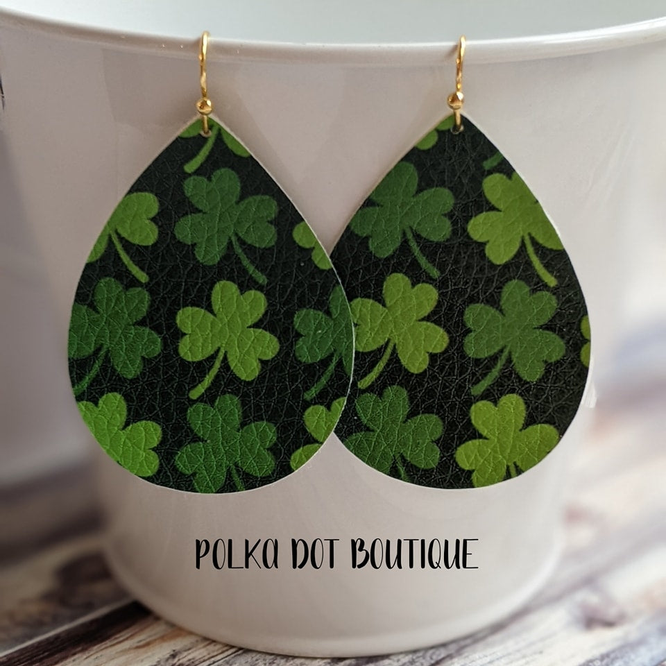 GREEN CLOVERS FAUX LEATHER TEARDROP EARRINGS ( STANDARD : 2 INCHES )