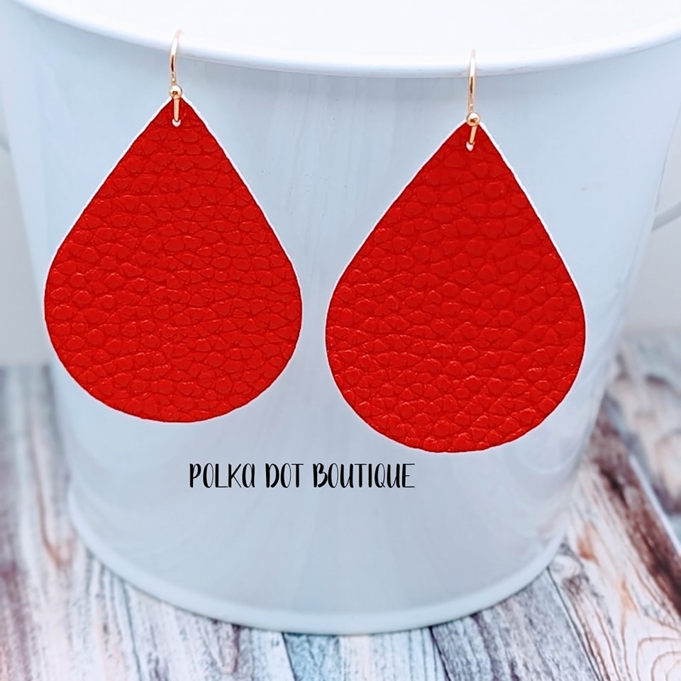RED FAUX LEATHER TEARDROP EARRINGS ( STANDARD : 2 INCHES )