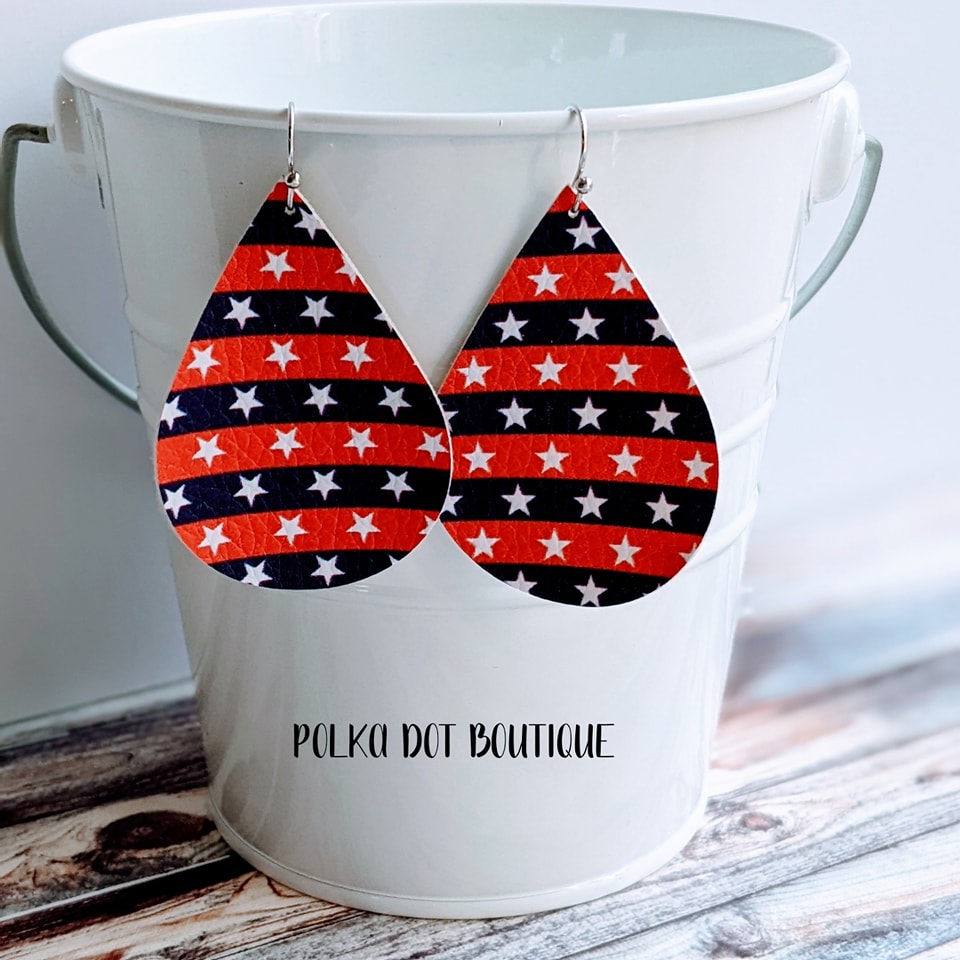 STARS & STRIPES FAUX LEATHER TEARDROP EARRINGS ( STANDARD : 2 INCHES )