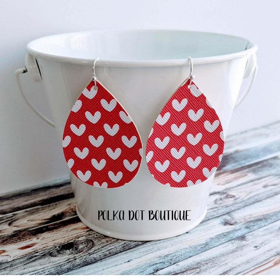 PINK WITH WHITE HEARTS FAUX LEATHER TEARDROP EARRINGS ( STANDARD : 2 INCHES )