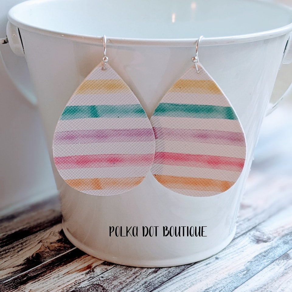 PASTEL STRIPES FAUX LEATHER TEARDROP EARRINGS ( STANDARD : 2 INCHES )