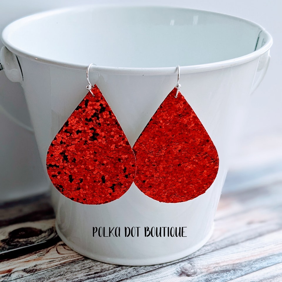 RED GLITTER FAUX LEATHER TEARDROP EARRINGS ( STANDARD : 2 INCHES )