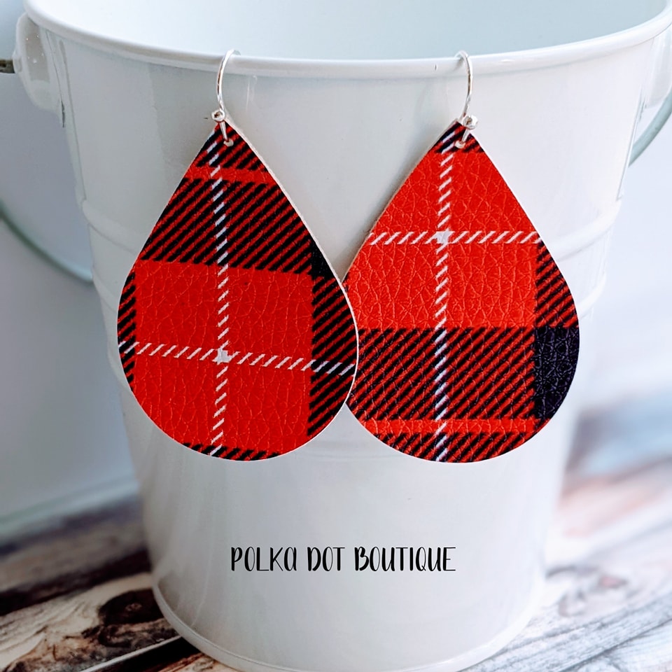 RED, WHITE & BLUE PLAID FAUX LEATHER TEARDROP EARRINGS ( STANDARD : 2 INCHES )