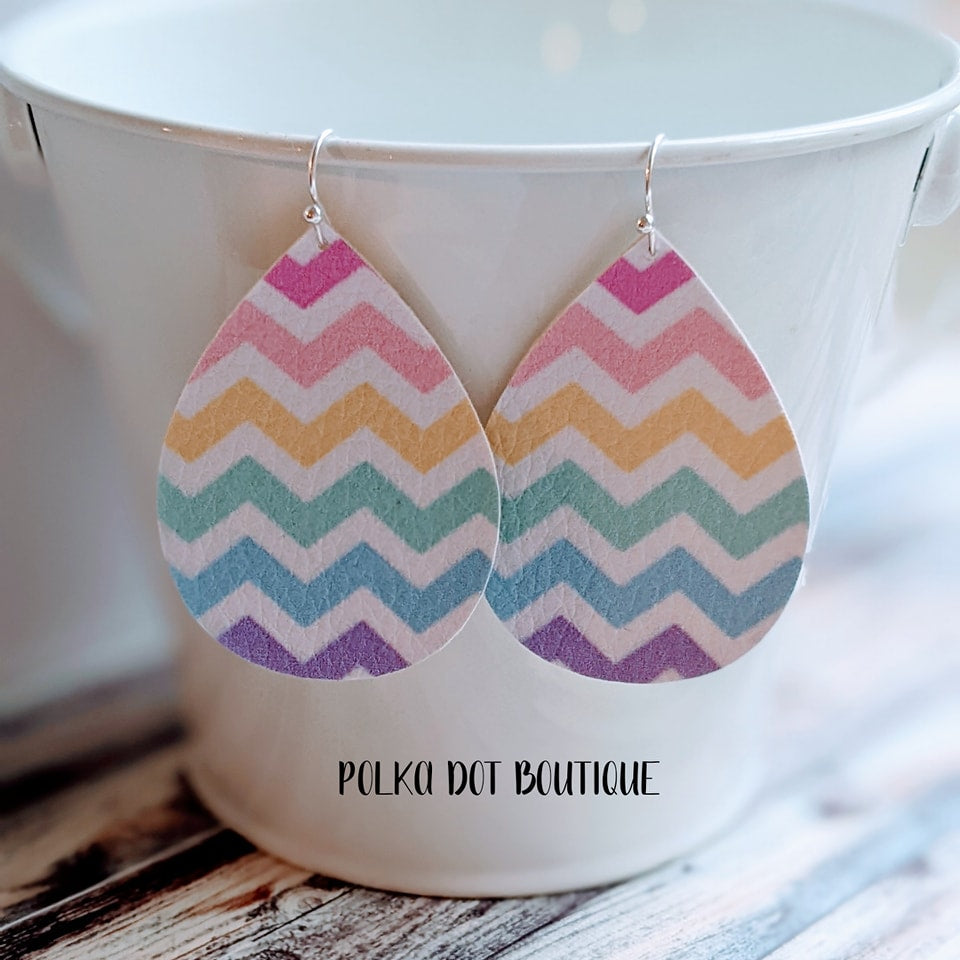 PASTEL CHEVRON FAUX LEATHER TEARDROP EARRINGS ( STANDARD : 2 INCHES )