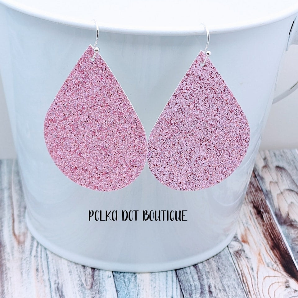 PINK GLITTER FAUX LEATHER TEARDROP EARRINGS ( STANDARD : 2 INCHES )