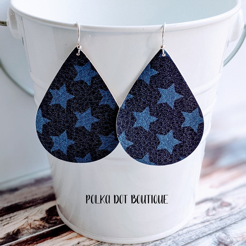 NAVY BLUE STARS FAUX LEATHER TEARDROP EARRINGS ( STANDARD : 2 INCHES )