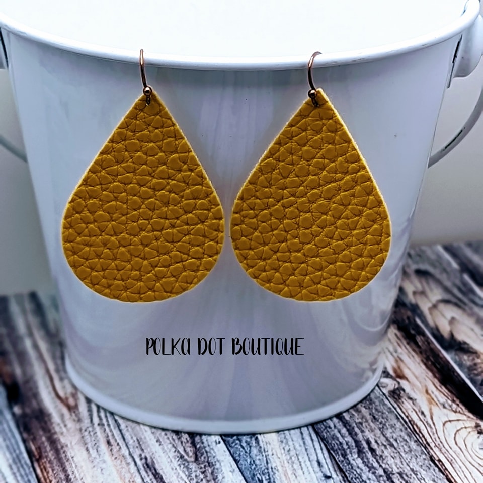 MUSTARD FAUX LEATHER TEARDROP EARRINGS ( STANDARD : 2 INCHES )
