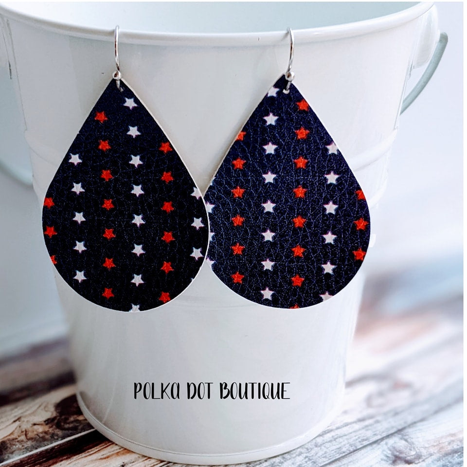 RED, WHITE & BLUE STARS FAUX LEATHER TEARDROP EARRINGS ( STANDARD : 2 INCHES )