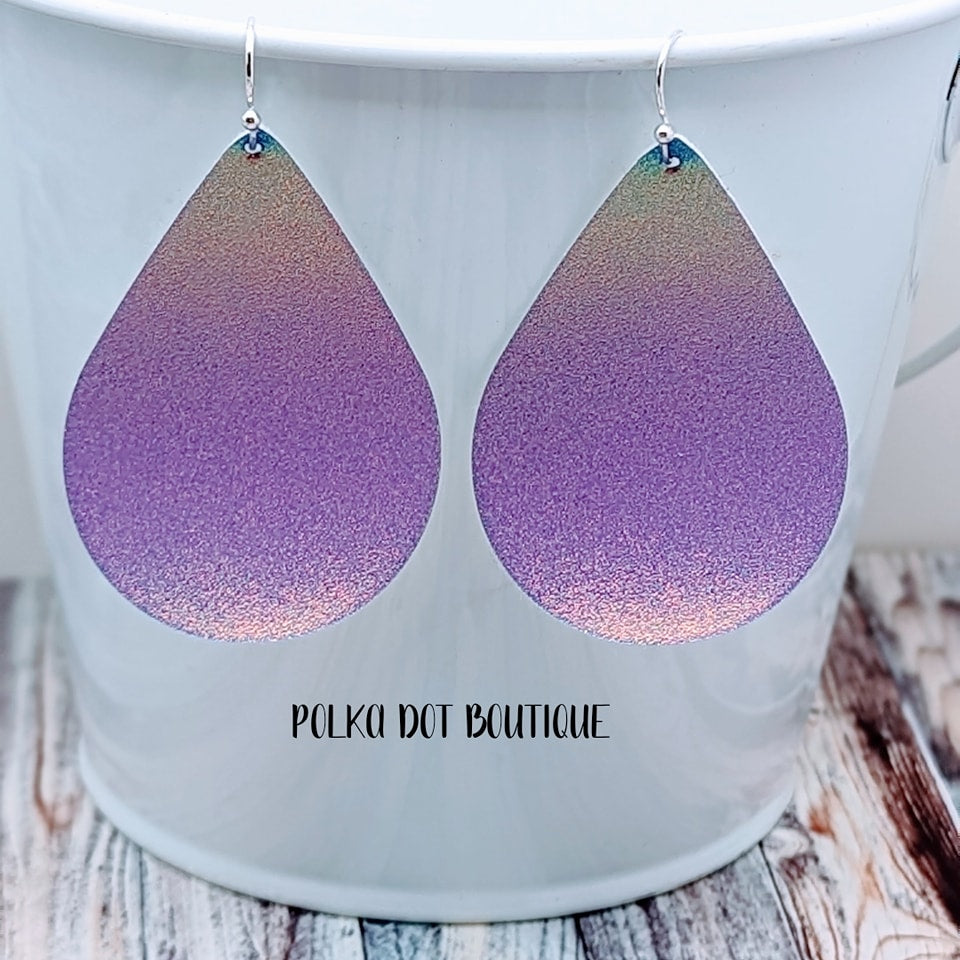 IRREDESCENT FAUX LEATHER TEARDROP EARRINGS ( STANDARD : 2 INCHES )