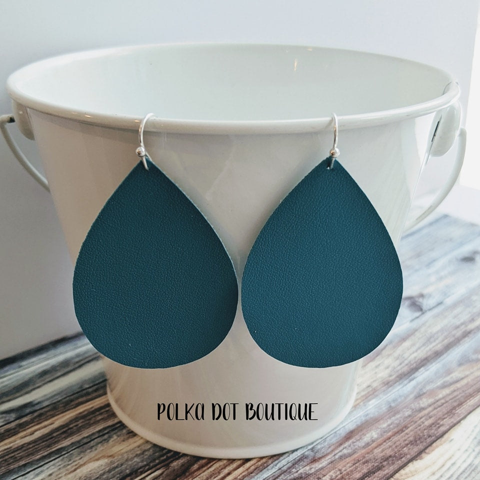 DARK TEAL FAUX LEATHER TEARDROP EARRINGS ( STANDARD : 2 INCHES )