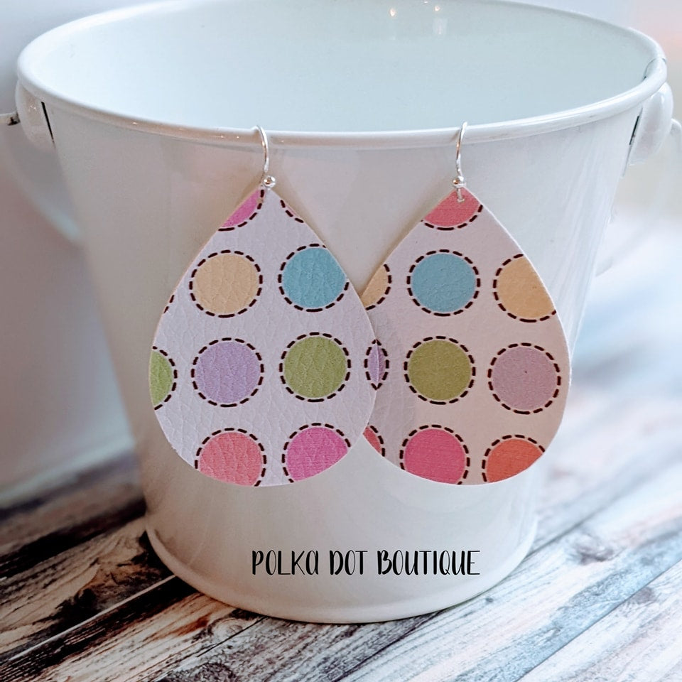 PASTEL DOTS FAUX LEATHER TEARDROP EARRINGS ( STANDARD : 2 INCHES )