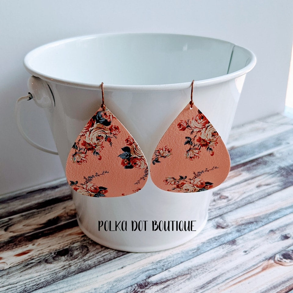 PEACH FLORALS FAUX LEATHER TEARDROP EARRINGS ( STANDARD : 2 INCHES )