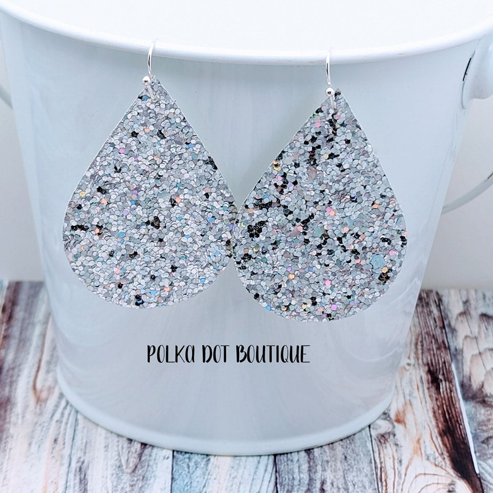 SILVER GLITTER FAUX LEATHER TEARDROP EARRINGS ( STANDARD : 2 INCHES )