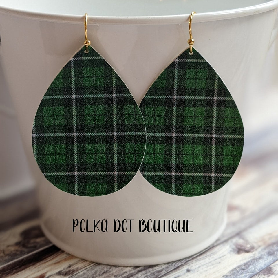GREEN PLAID FAUX LEATHER TEARDROP EARRINGS ( STANDARD : 2 INCHES )