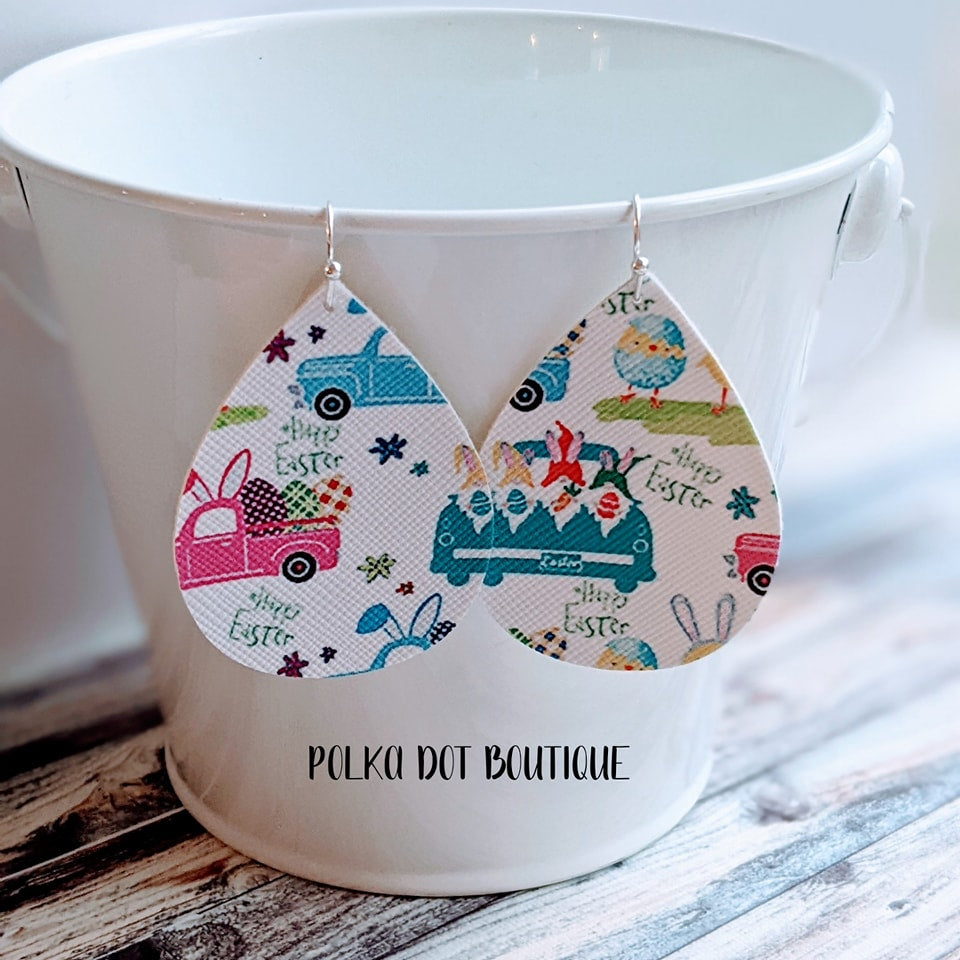 EASTER GNOMES FAUX LEATHER TEARDROP EARRINGS ( STANDARD : 2 INCHES )