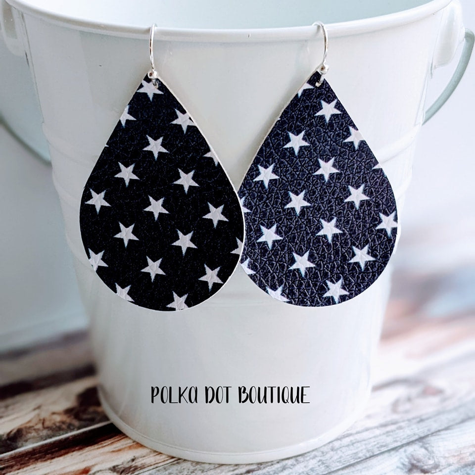 NAVY BLUE WITH WHITE STARS FAUX LEATHER TEARDROP EARRINGS ( STANDARD : 2 INCHES )