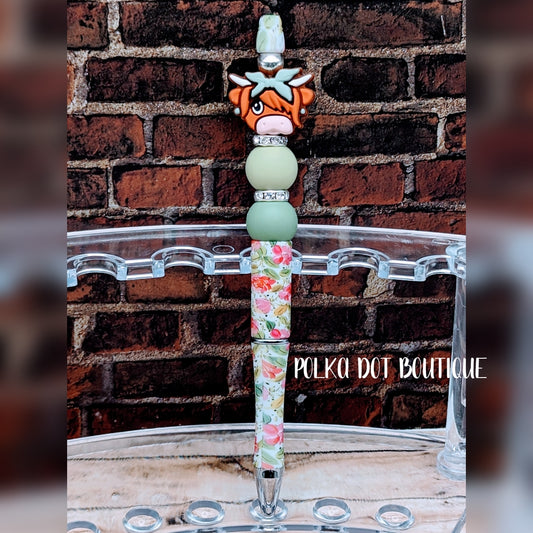 Sage Bow Highland Cow Silicone Beaded Pen