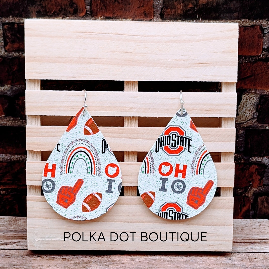 Ohio State inspired FAUX LEATHER TEARDROP EARRINGS ( STANDARD : 2 INCHES )