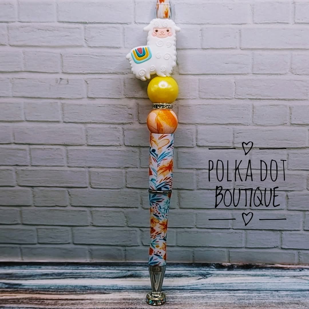 Llama: White Silicone Beaded Pen
