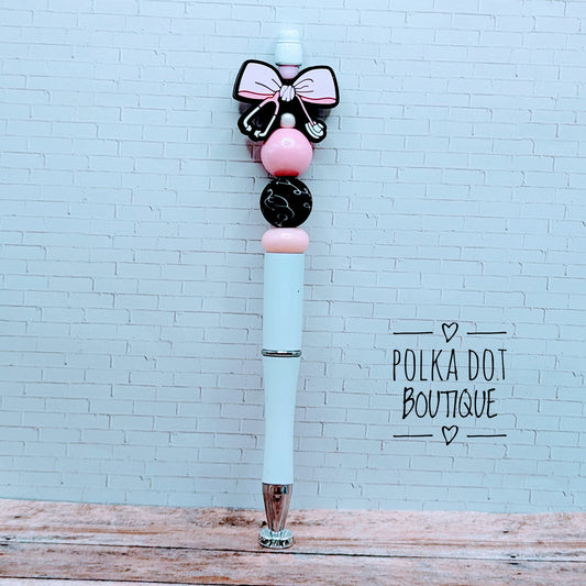 Nurse Pink Bow Stethoscope Silicone Beaded Pen